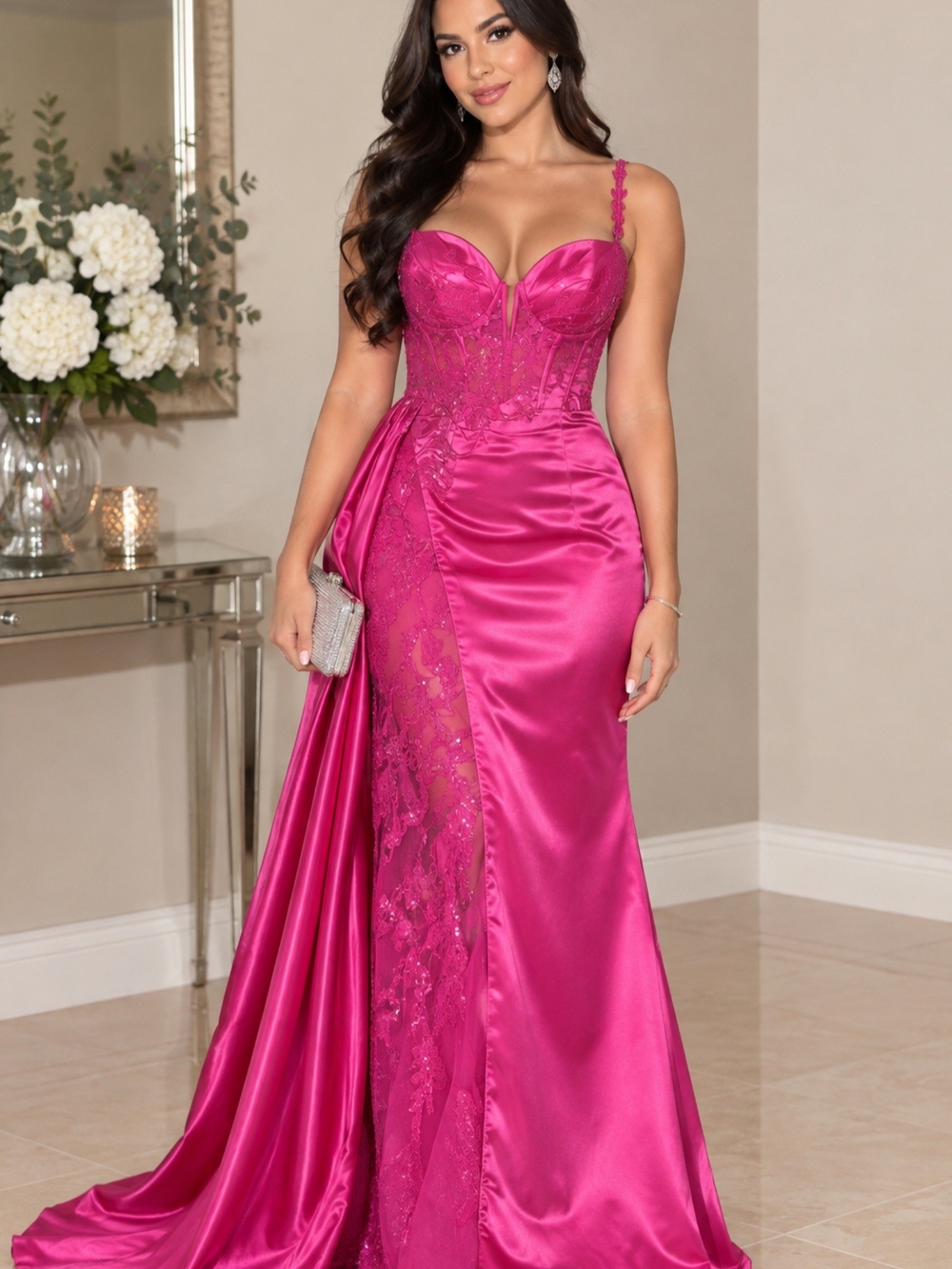 Others Follow Hot Pink Satin & Lace Prom Gown